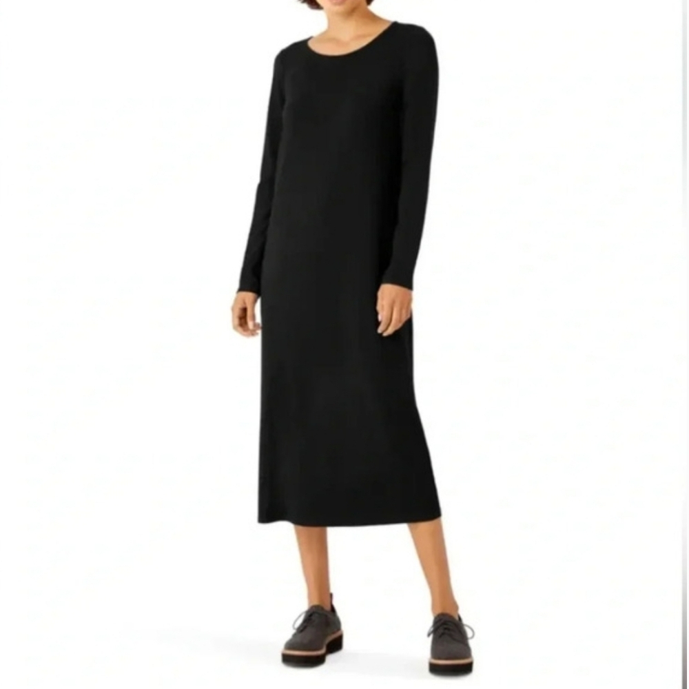 Eileen Fisher Classic Black Long Sleeve Scoop Neck Jersey Knit Shift Dress